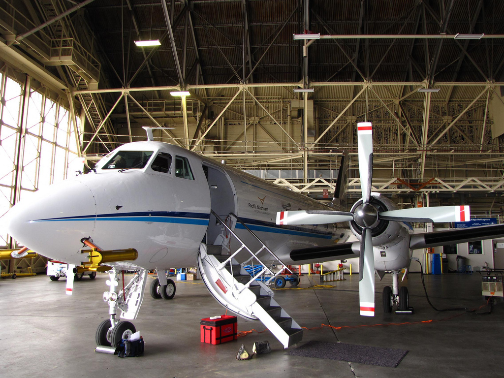 ARM’s Gulfstream-159 (G-1) research aircraft in a hanger during the CARES campaign, ready for its complement of instruments.