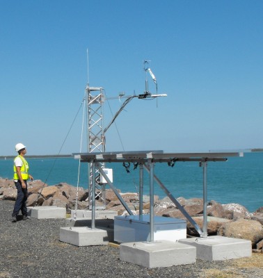 East_Arm_1crop As shown in this photo at the wharf in Darwin, Australia, the new ECOR/SEBS station includes solar panels for power. ARM file photo.